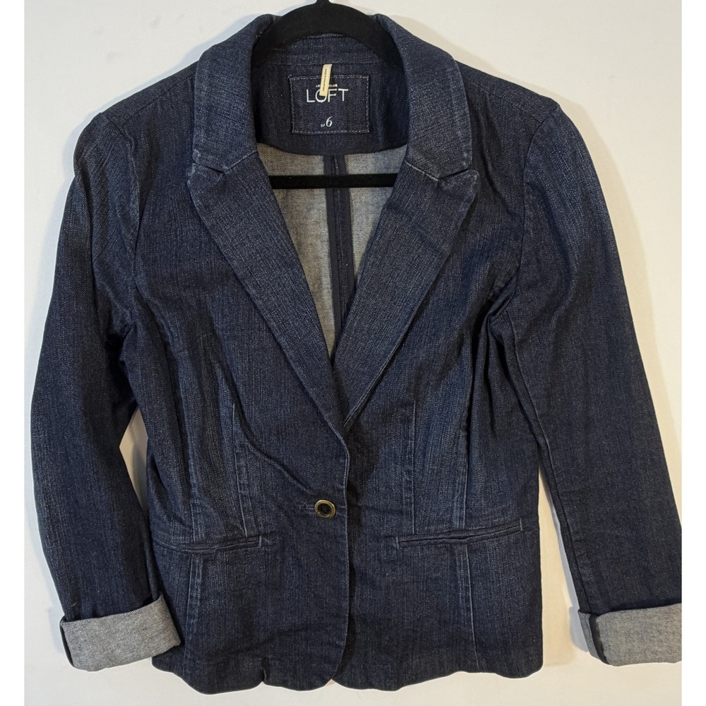 Loft Denim Blazer Women Size 6 Dark Wash Excellent Single Button Cuffed Sleeve